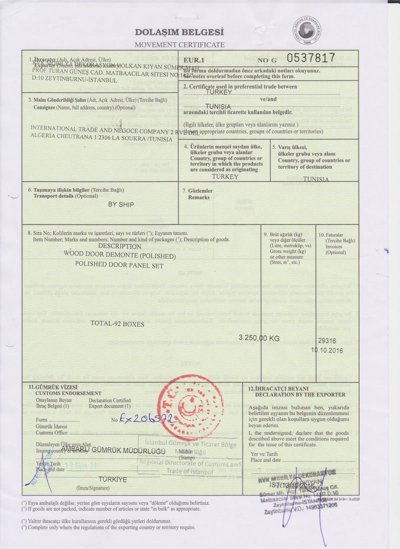 EUR.1 movement certificate for free-trade exports, RVK