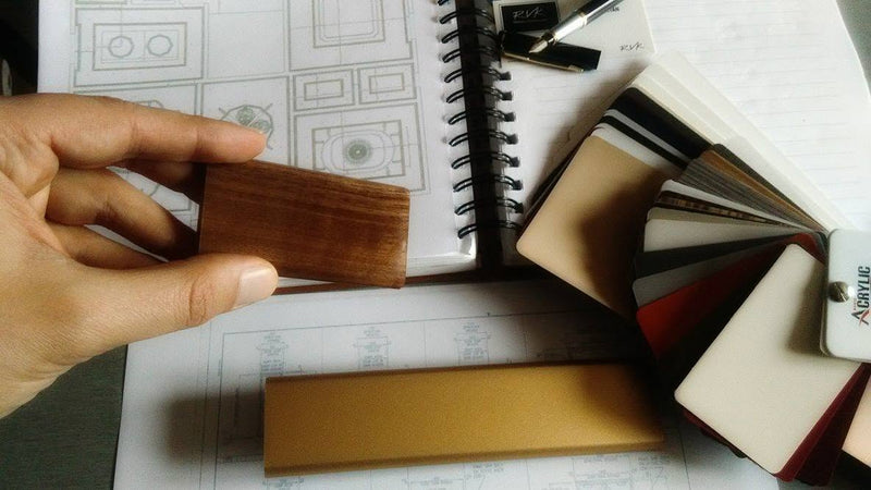 Material samples and architectural drawings for a furniture inquiry