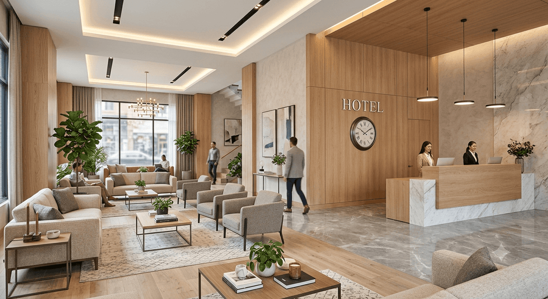 Luxury hotel lobby featuring bespoke furniture manufactured by RVK Mobilya for premium hospitality interiors.