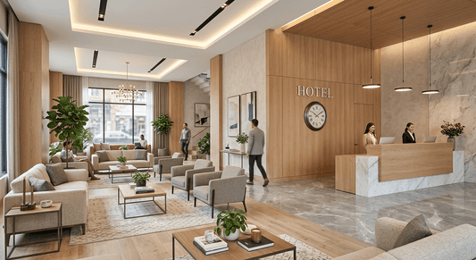 Luxury hotel lobby featuring bespoke furniture manufactured by RVK Mobilya for premium hospitality interiors.