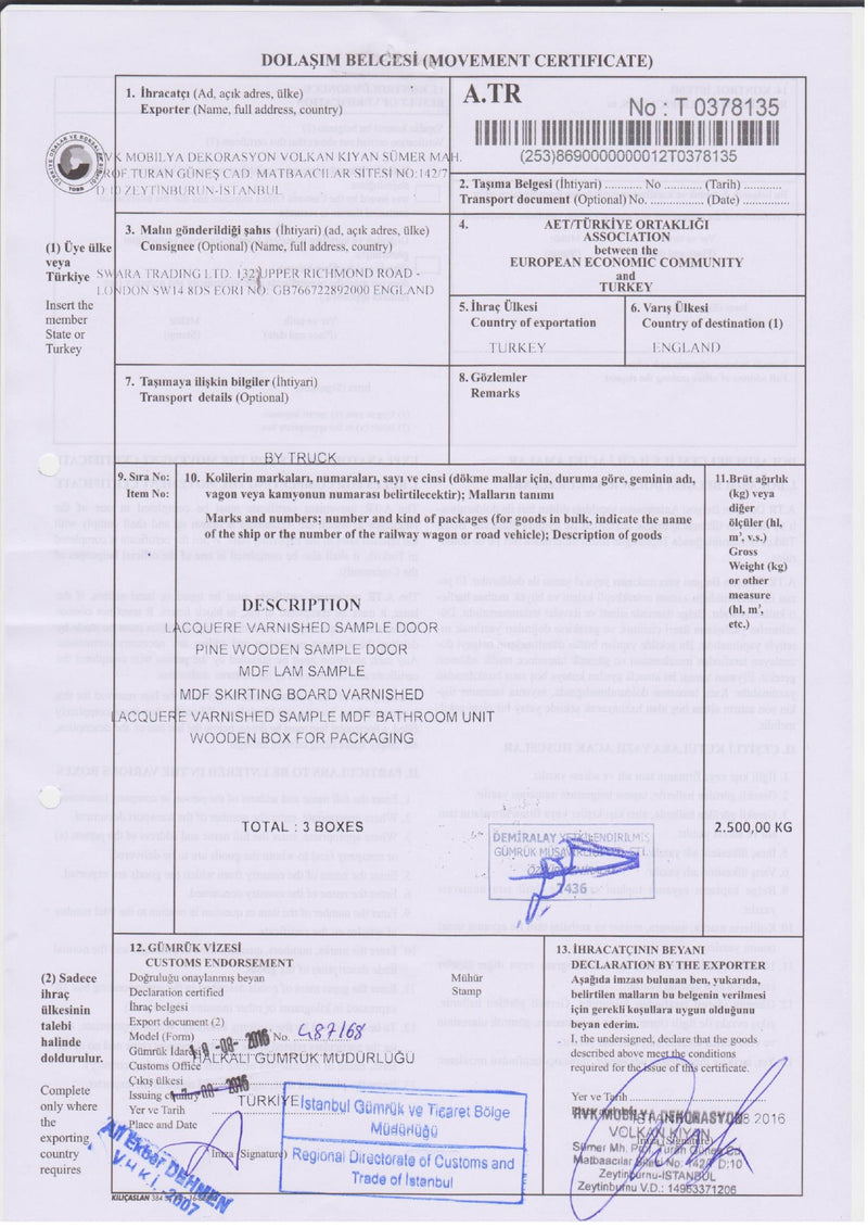ATR movement certificate for EU customs, RVK export