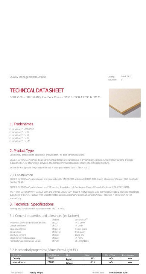 EGGER Eurospan fire door core technical data sheet, BS 476