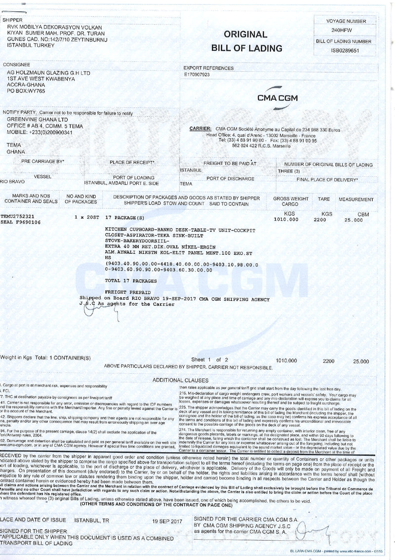 Bill of lading export shipping document, RVK Mobilya