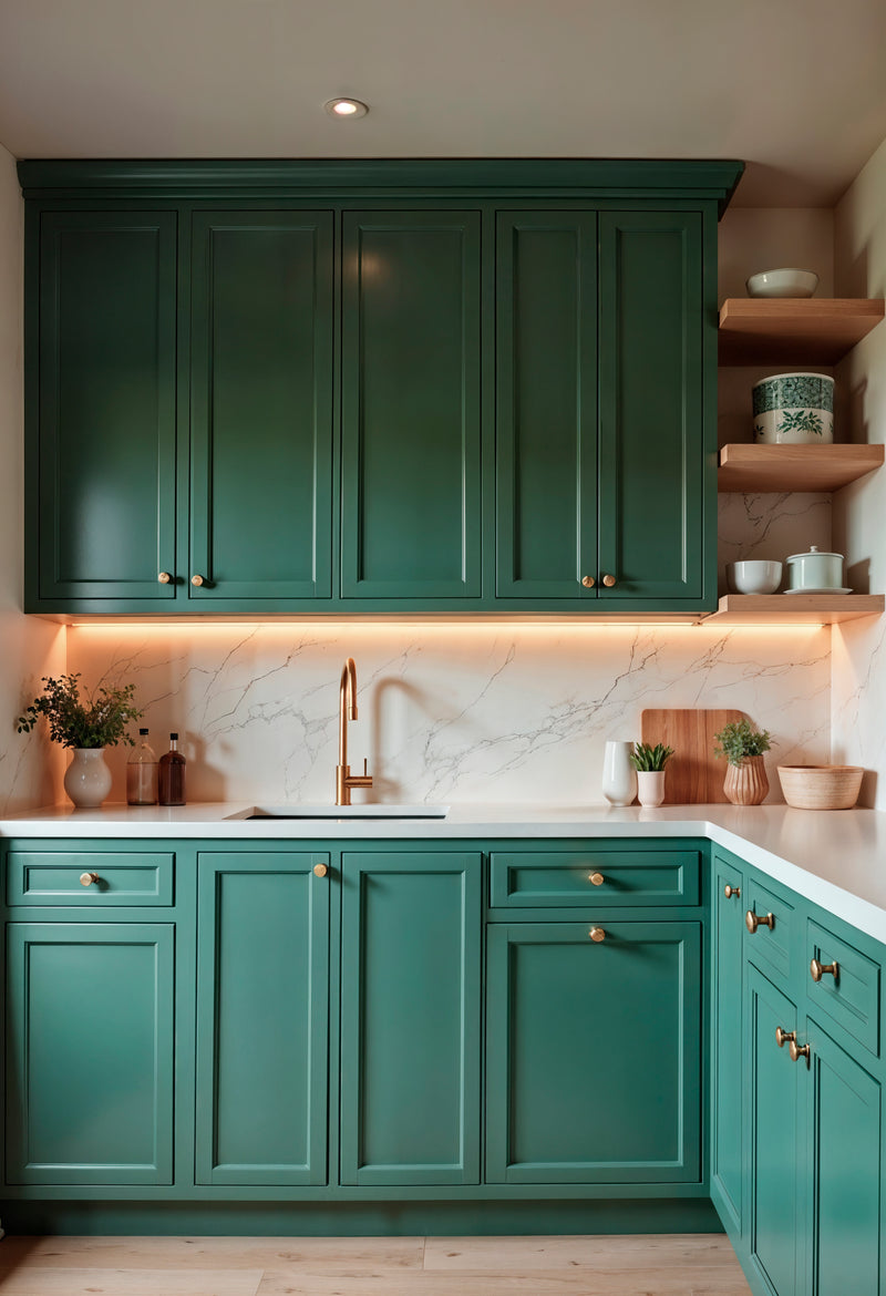 Custom green lacquer kitchen cabinetry manufactured in Turkey