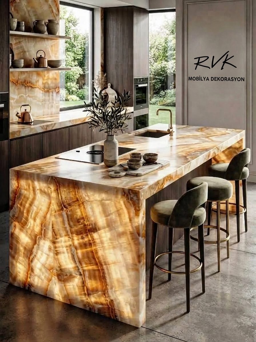 Honey onyx kitchen island with a waterfall top and a matching splashback
